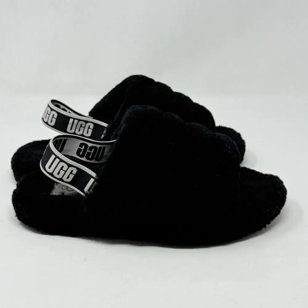 UGG Fluff Yeah Shearling Slingback Slippers Kids Girls 5 Black Red Open Toe